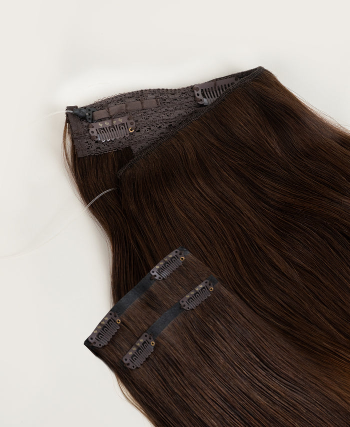 halo one-step hair extensions brown melt.
