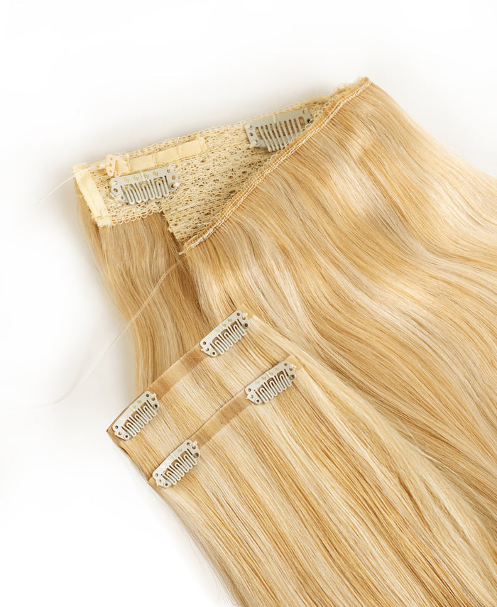 halo one-step hair extensions golden highlights.