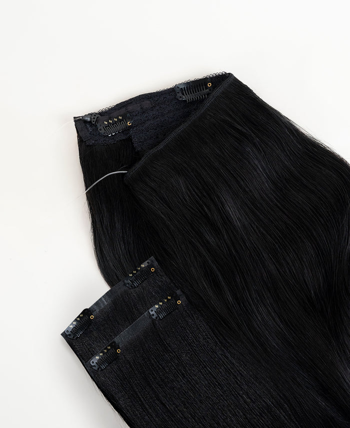 halo one-step hair extensions jet black.