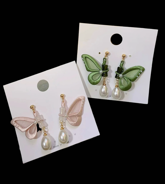 Handmade Chanhua Butterfly Stud Earrings - Thread Butterfly Pearl Drop Earrings