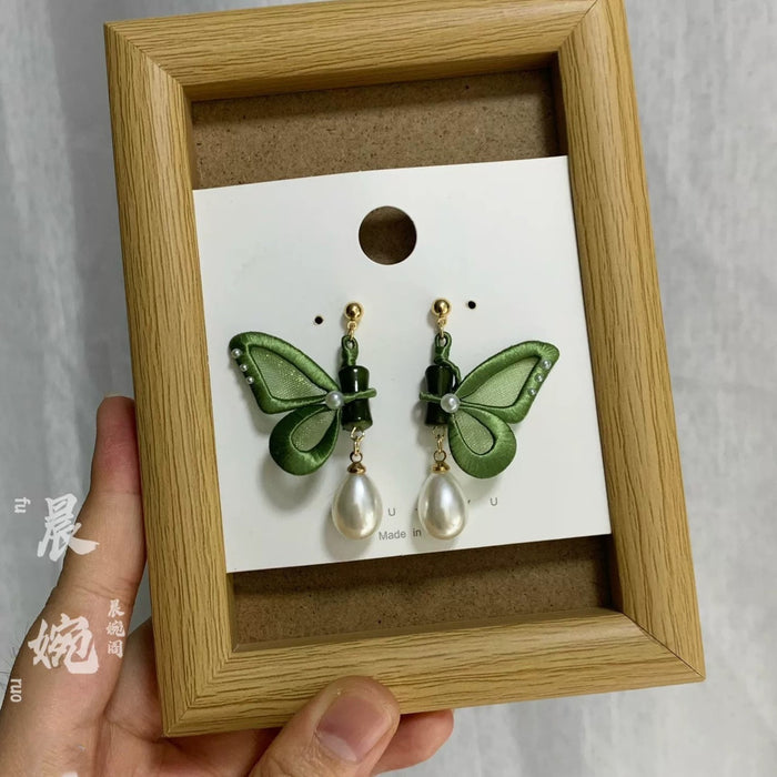 Handmade Chanhua Butterfly Stud Earrings - Thread Butterfly Pearl Drop Earrings