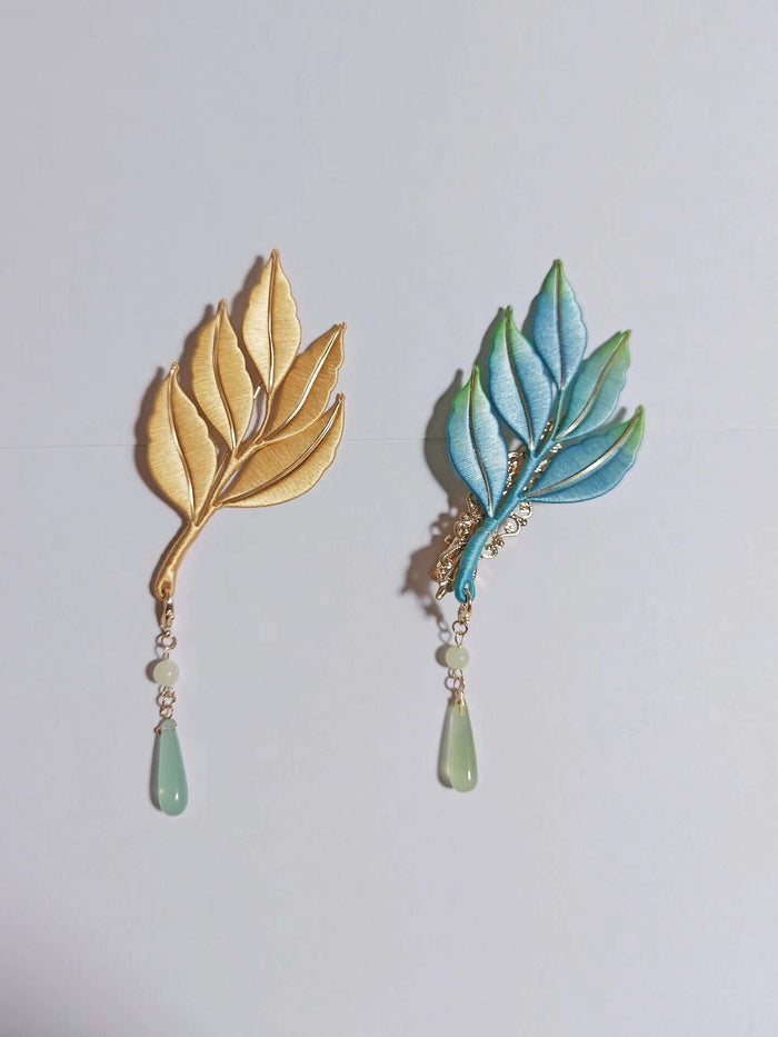 Handmade Chanhua Green Leaf Brooch - Gold Edge with Jade Drop