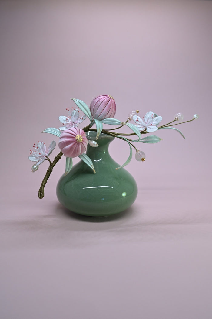 Handmade Chanhua peach blossom hairpins set with pink flowers and leaves on a light background-2