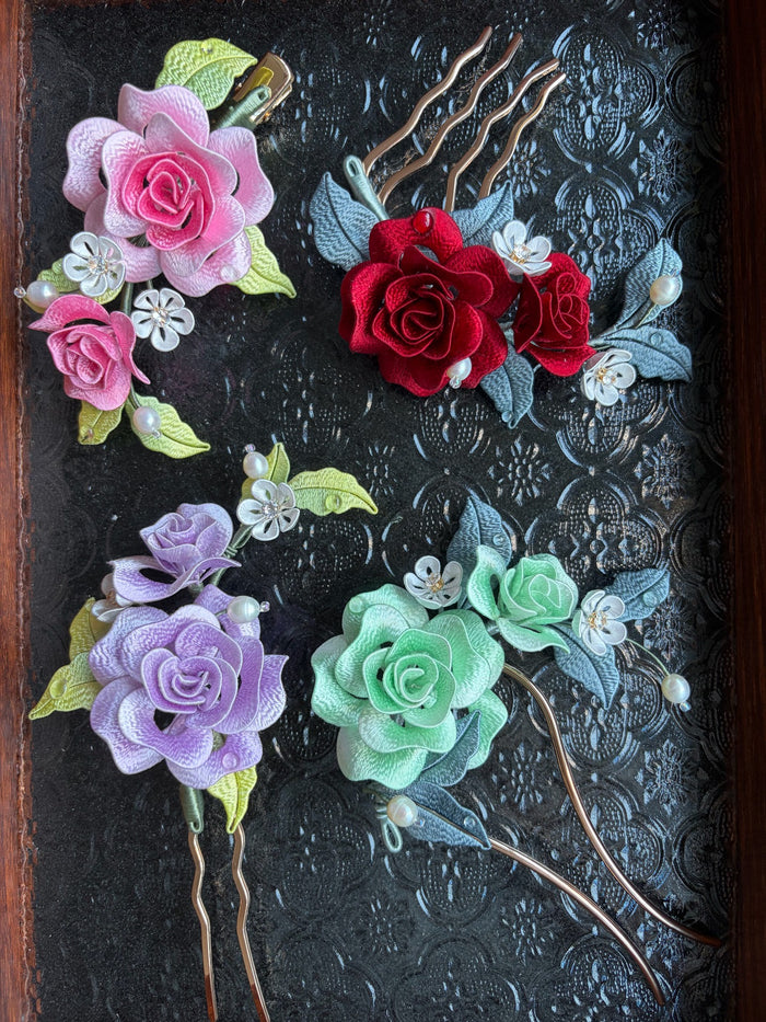 Handmade Chanhua rose hairpins in various colors