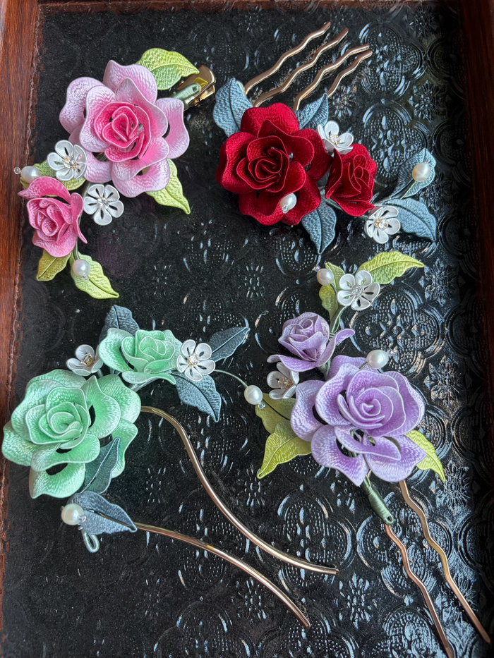 Handmade Chanhua rose hairpins in various colors-2