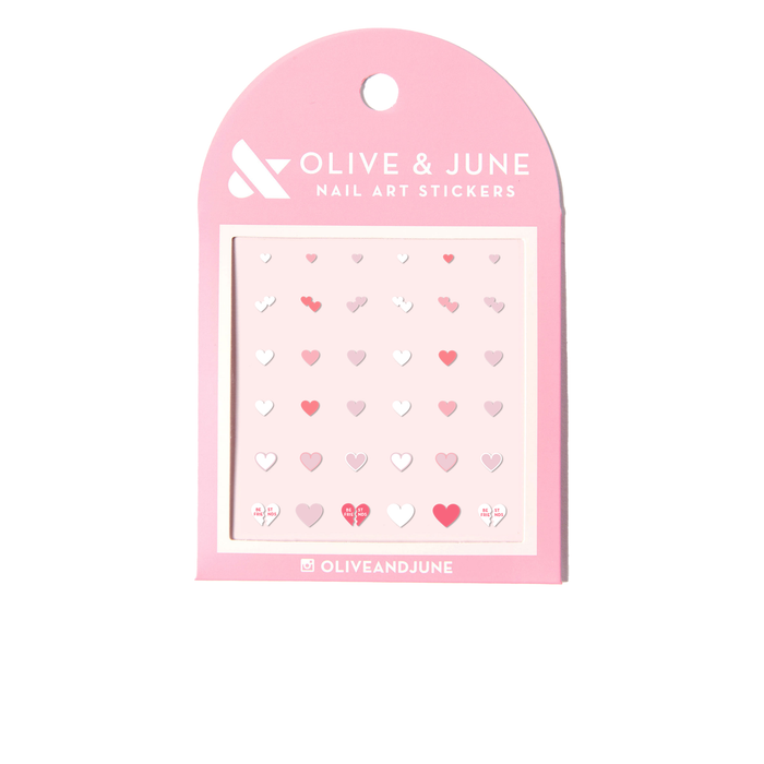 Heart to Heart nail art stickers with assorted small heart designs in pink, white, and red by Olive and June