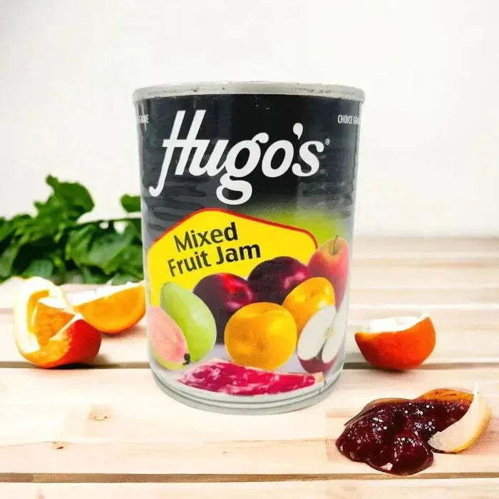 Hugo's Mixed Fruit Jam 450g jar with colorful fruit label