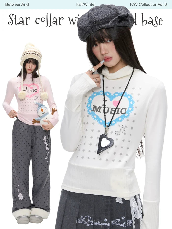 I love music star collar thermal long sleeve top