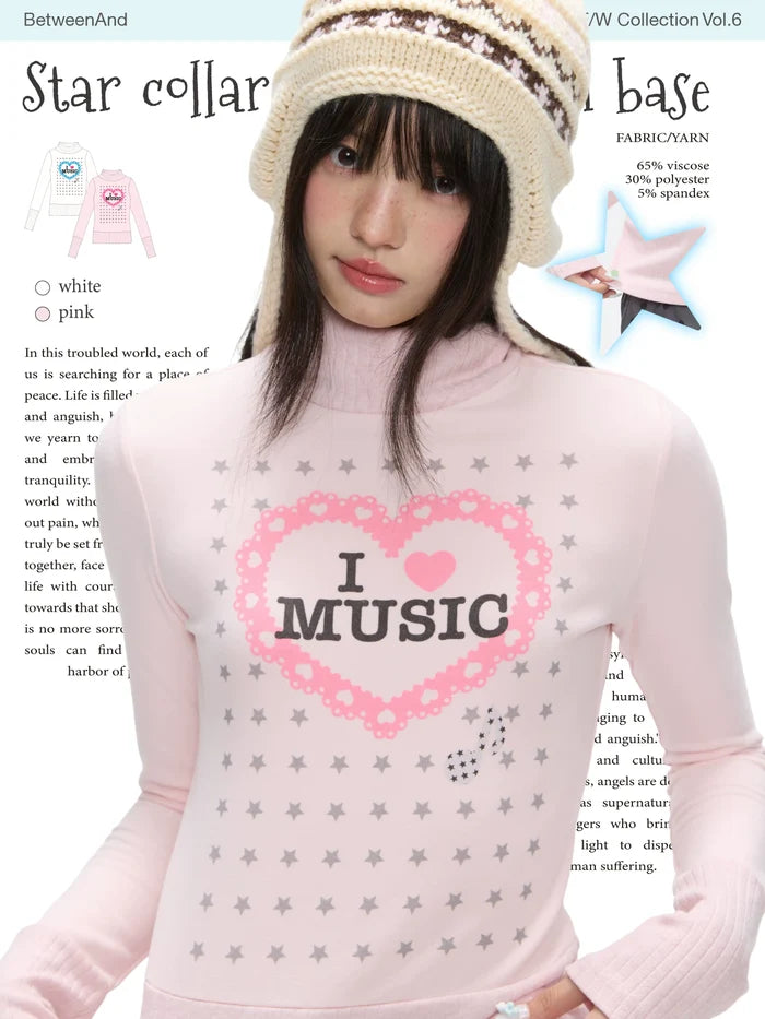 I love music star collar thermal long sleeve top