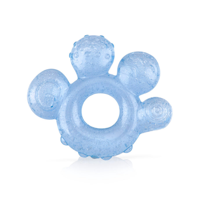 The Nuby IcyBite Teether Toy is a translucent blue, paw-shaped teether with textured bumps and a central hole for easy gripping, designed to soothe babies; pictured isolated on a white background.