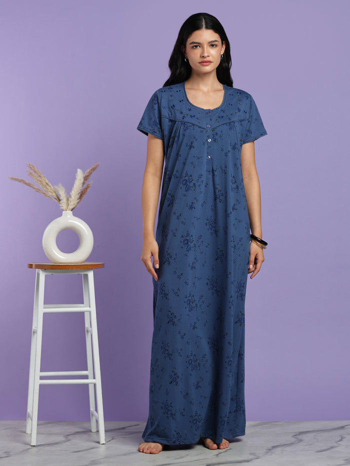 Indigo floral cotton blend nightydress for women online