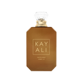 Brown perfume bottle with gold cap on a white background