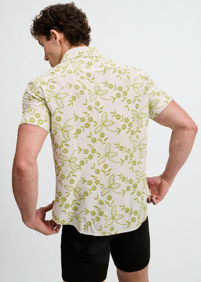 Ivy/White Printed Stretch Eyelet Knit Short Sleeve Shirt St-24077