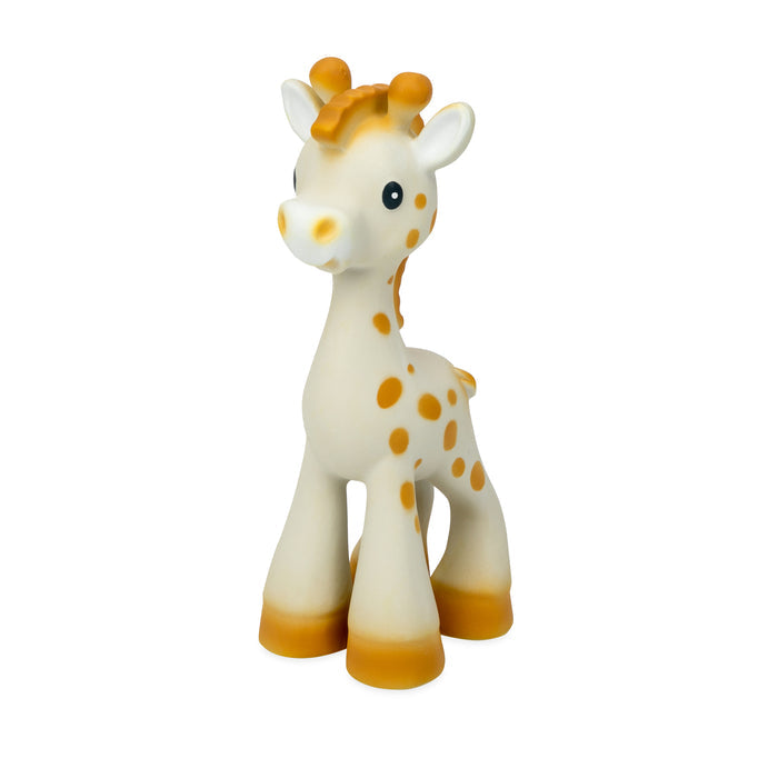 Jackie the Giraffe Natural Rubber Teether is a small, soft giraffe toy with orange spots and brown accents—made from all-natural rubber and perfect for sensory development and gentle teething relief.