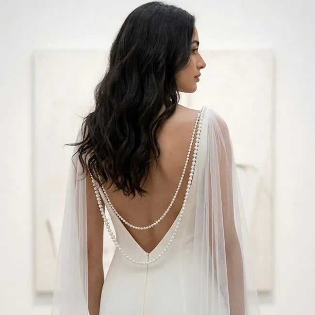 Cathedral Pearl Drape Bridal Cape Veil | Ivory Soft Tulle Wedding Cape