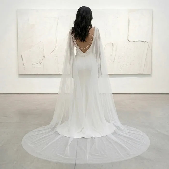 Cathedral Pearl Drape Bridal Cape Veil | Ivory Soft Tulle Wedding Cape