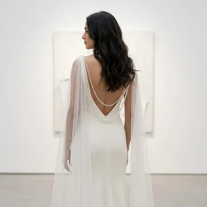 Cathedral Pearl Drape Bridal Cape Veil | Ivory Soft Tulle Wedding Cape