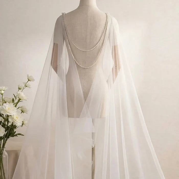 Cathedral Pearl Drape Bridal Cape Veil | Ivory Soft Tulle Wedding Cape