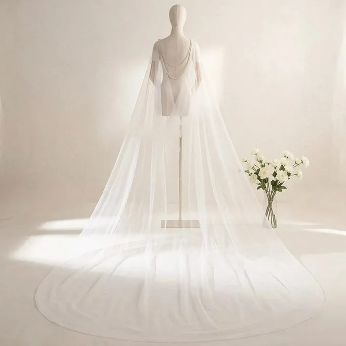 Cathedral Pearl Drape Bridal Cape Veil | Ivory Soft Tulle Wedding Cape
