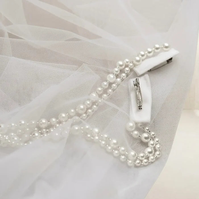 Cathedral Pearl Drape Bridal Cape Veil | Ivory Soft Tulle Wedding Cape