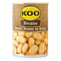 Koo Butterbeans 410g can with serving suggestions for meat and salad dishes