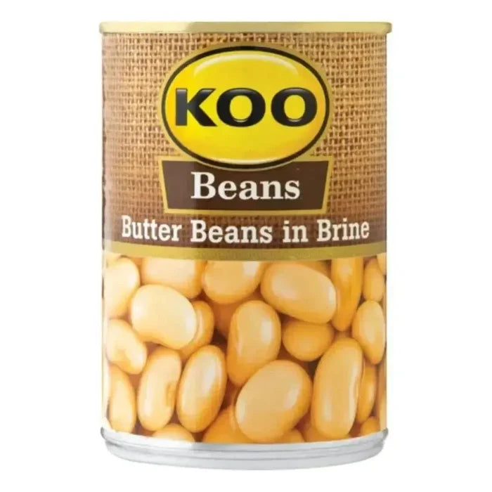 Koo Butterbeans 410g can with serving suggestions for meat and salad dishes
