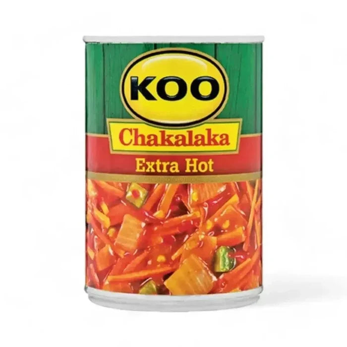 KOO EXTRA Hot Chakalaka 410g can with spicy blend of vegetables for South African relish