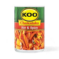 KOO Hot & Spicy Chakalaka 410g can with fiery mix of vegetables and spices for authentic South African relish