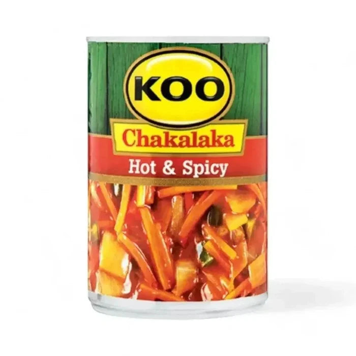 KOO Hot & Spicy Chakalaka 410g can with fiery mix of vegetables and spices for authentic South African relish