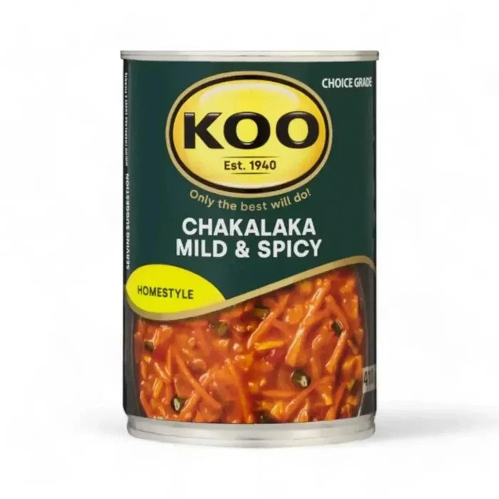 KOO Chakalaka 410g can with mild and spicy traditional South African vegetable relish including carrots, onions, cabbage, chillies, and green peppers