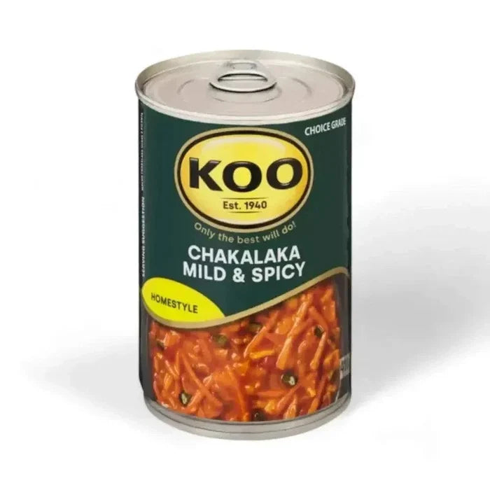 KOO Chakalaka Mild & Spicy 410g can with vibrant mix of carrots, onions, cabbage, chillies, and peppers for authentic South African relish