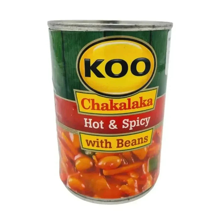 Koo Chakalaka with beans hot and spicy 410g jar displaying vibrant mixed vegetables