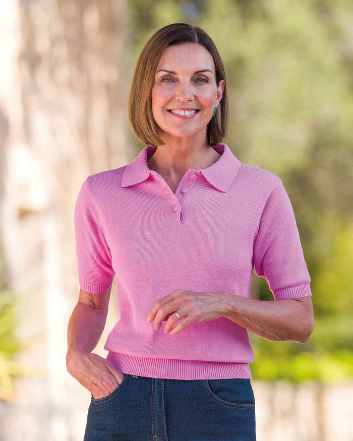 Ladies’ Luxury Knit Pure Cotton Polo Top – Bubblegum