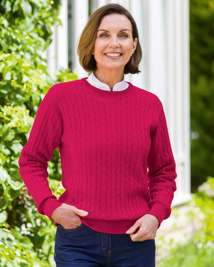 Lambswool Cable Crew Neck Jumper - Ruby - Country Collection