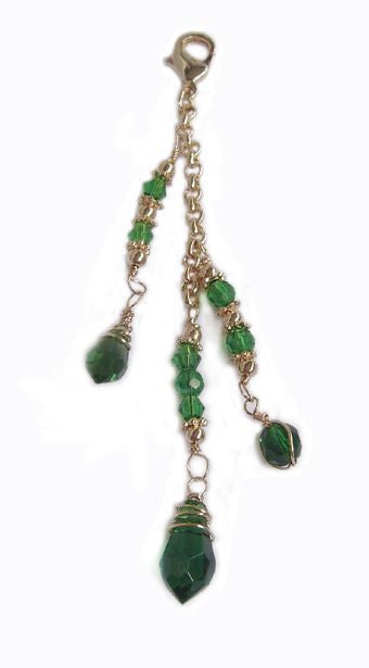 Large gold 3-strand hair charm with green beads and lobster clasp