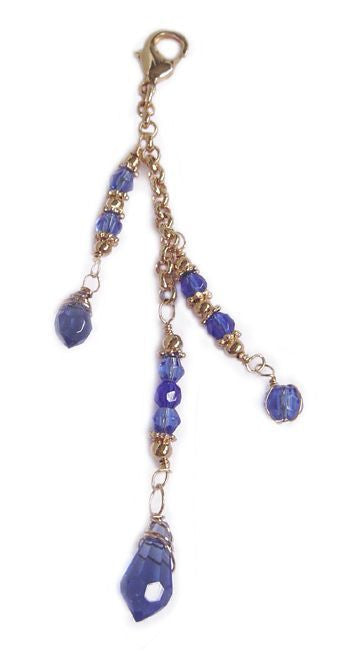 Large gold 3-strand hair charm with blue beads and lobster clasp
