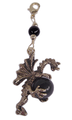 gold dragon charm holding black bead mini hair accessory front view