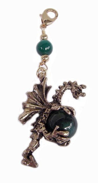 Large gold dragon charm holding green glass bead, front view – add-on hair accessory