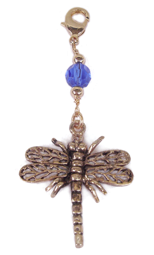 gold dragonfly charm with blue faceted bead mini hair accessory front view