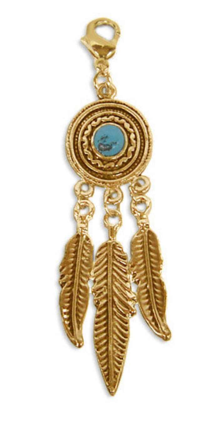 gold dreamcatcher charm with turquoise center and feather dangles mini hair accessory front view