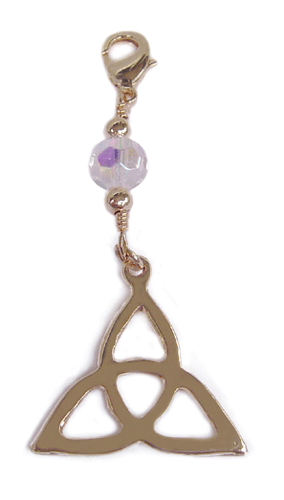 gold trinity knot charm with iridescent faceted bead mini hair accessory front view