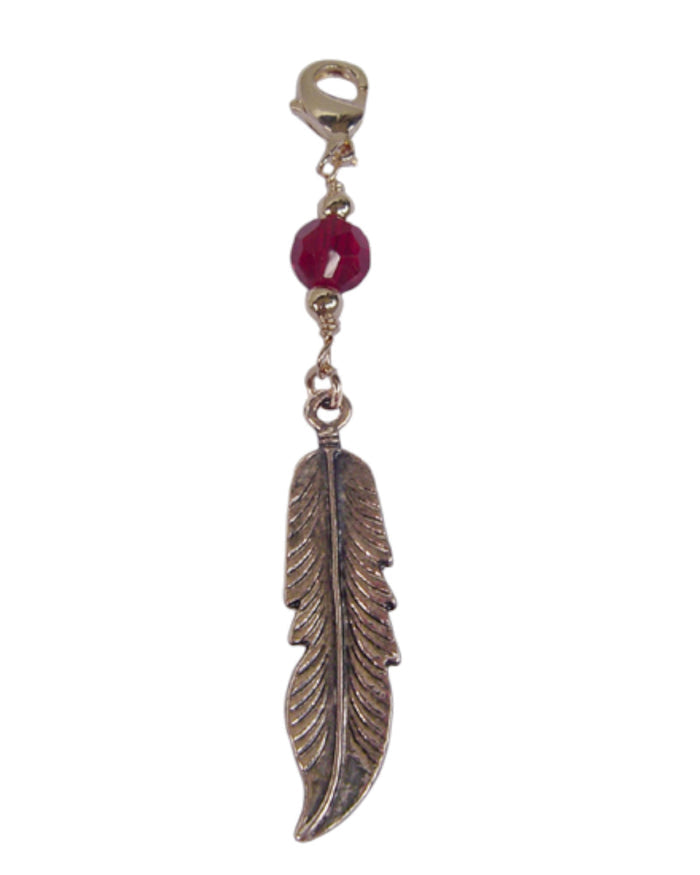 Gold feather hair charm with red bead for ponytail wraps
