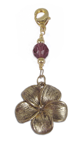 gold plumeria flower charm with pink faceted bead mini hair accessory front view