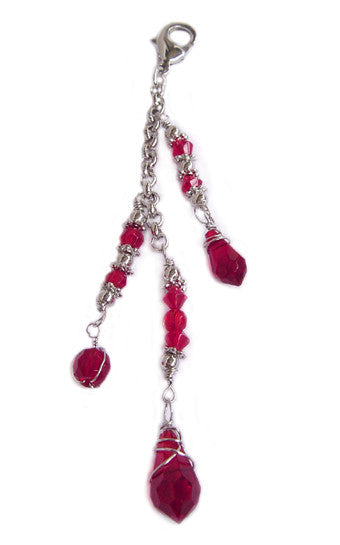 Large silver 3-strand beaded hair charm with red accents for ponytail styling