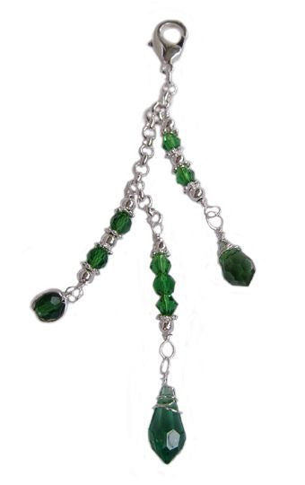 Large silver 3-strand beaded hair charm with green accents for ponytail styling