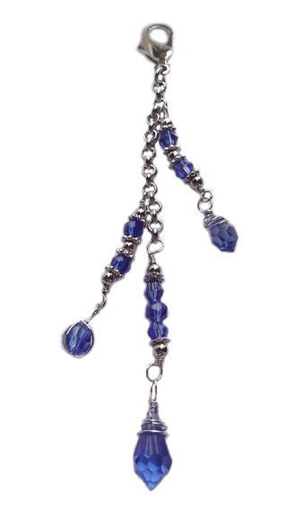 Large silver 3-strand beaded hair charm with blue accents for ponytail styling