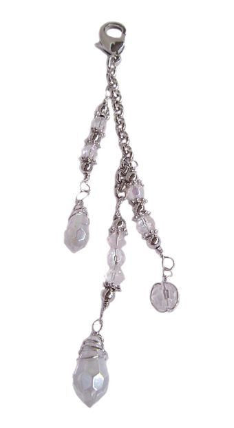 Large silver 3-strand beaded hair charm with clear accents for ponytail styling