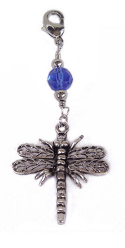 Silver dragonfly charm with blue glass bead – front view