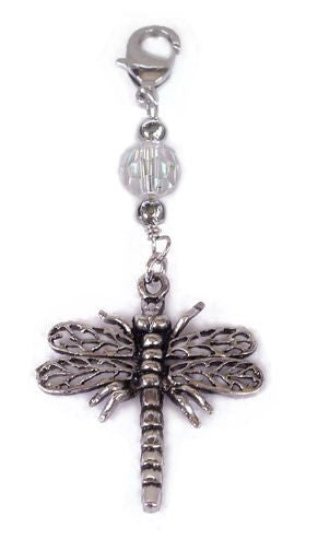 Silver dragonfly charm with clear glass bead – front view