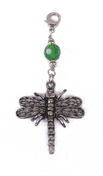 Silver dragonfly charm with green glass bead – front view